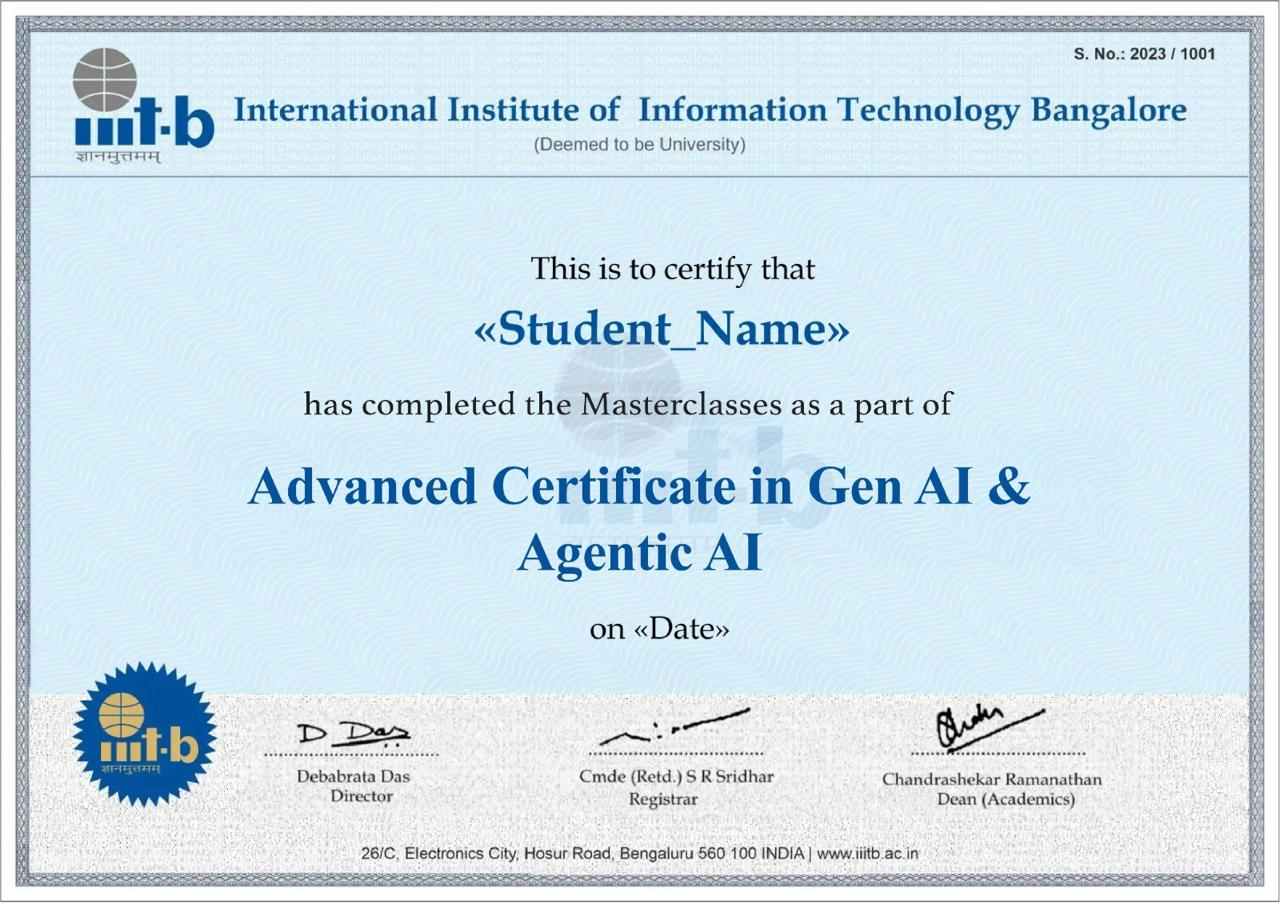 Sample Add-on IIIT-B Certificate for AI Pro: Generative AI & Agentic AI