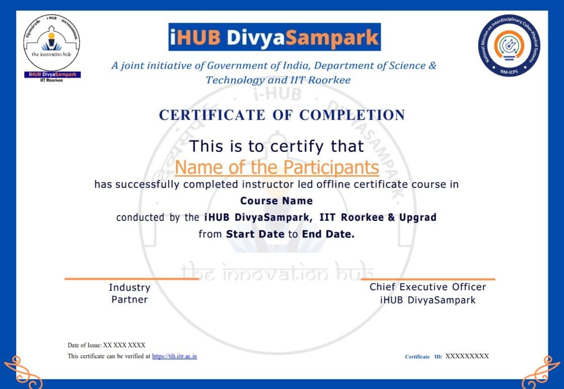 Sample Certification by iHUB DivyaSampark, IIT Roorkee for Full Stack Development Course with iHUB DivyaSampark, IIT Roorkee